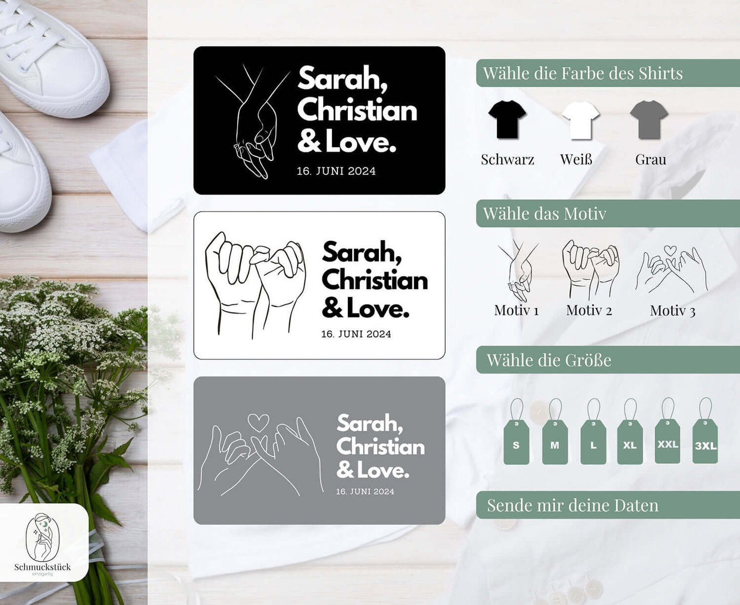 Männer T-Shirt "Love" Liebesbotschaft - 3 verschiedene Motive mit Namen und Datum, Schmuckstück - einzigartig