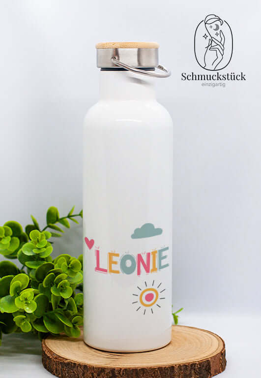 Thermoflasche mit Bambusdeckel mit individuellen Aufdruck, Schmuckstück - einzigartig