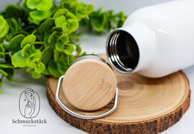 Thermoflasche mit Bambusdeckel mit individuellen Aufdruck, Schmuckstück - einzigartig