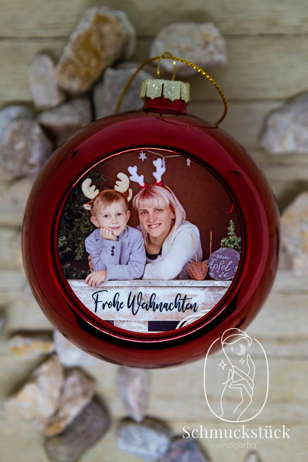 personalisierte Weihnachtsbaumkugel mit eigenem Foto und Text, Schmuckstück - einzigartig