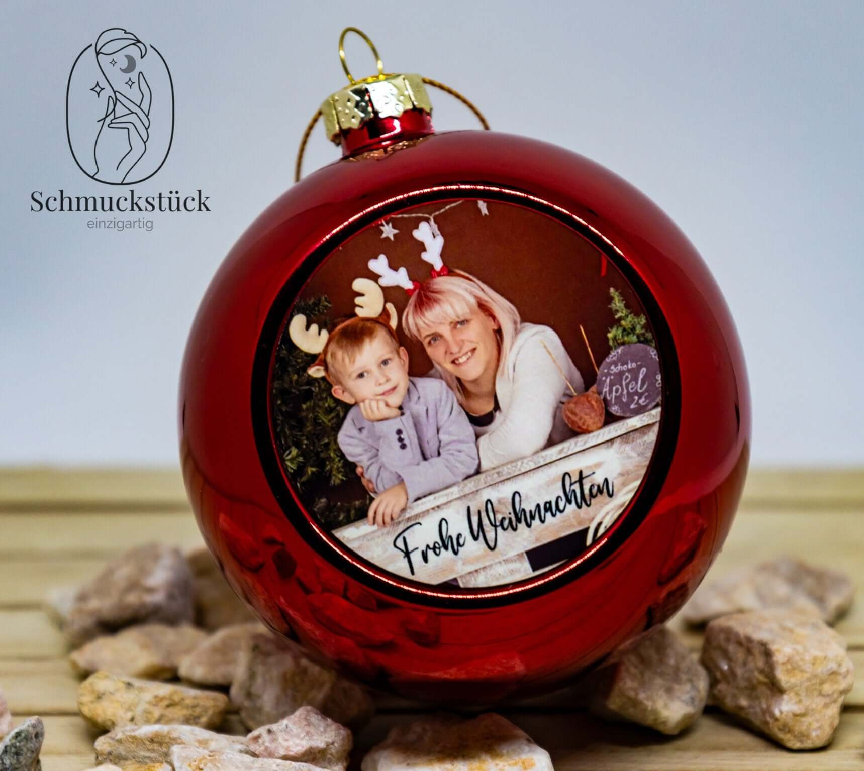personalisierte Weihnachtsbaumkugel mit eigenem Foto und Text, Schmuckstück - einzigartig