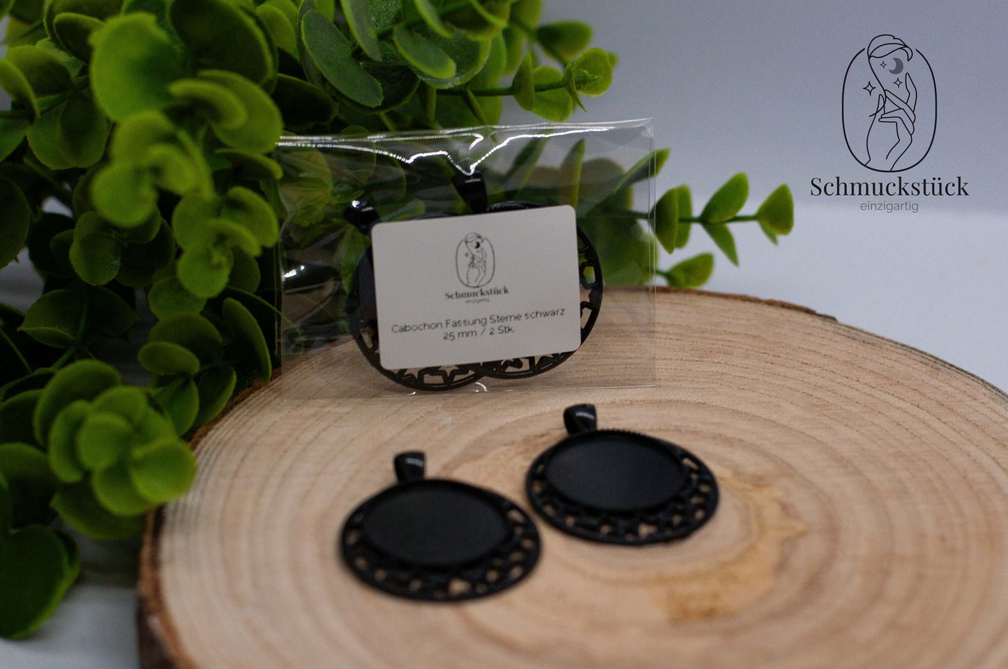 2 Cabochon Fassungen Sterne Anhänger 25 mm *Schwarz / Rund, Schmuckstück - einzigartig