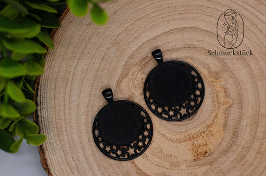 2 Cabochon Fassungen Sterne Anhänger 25 mm *Schwarz / Rund, Schmuckstück - einzigartig