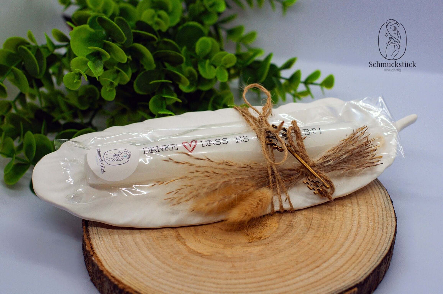 keramisches Federtablett inkl. Kerze mit Spruch *Geschenkidee, Schmuckstück - einzigartig