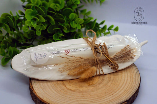 keramisches Federtablett inkl. Kerze mit Spruch *Geschenkidee, Schmuckstück - einzigartig