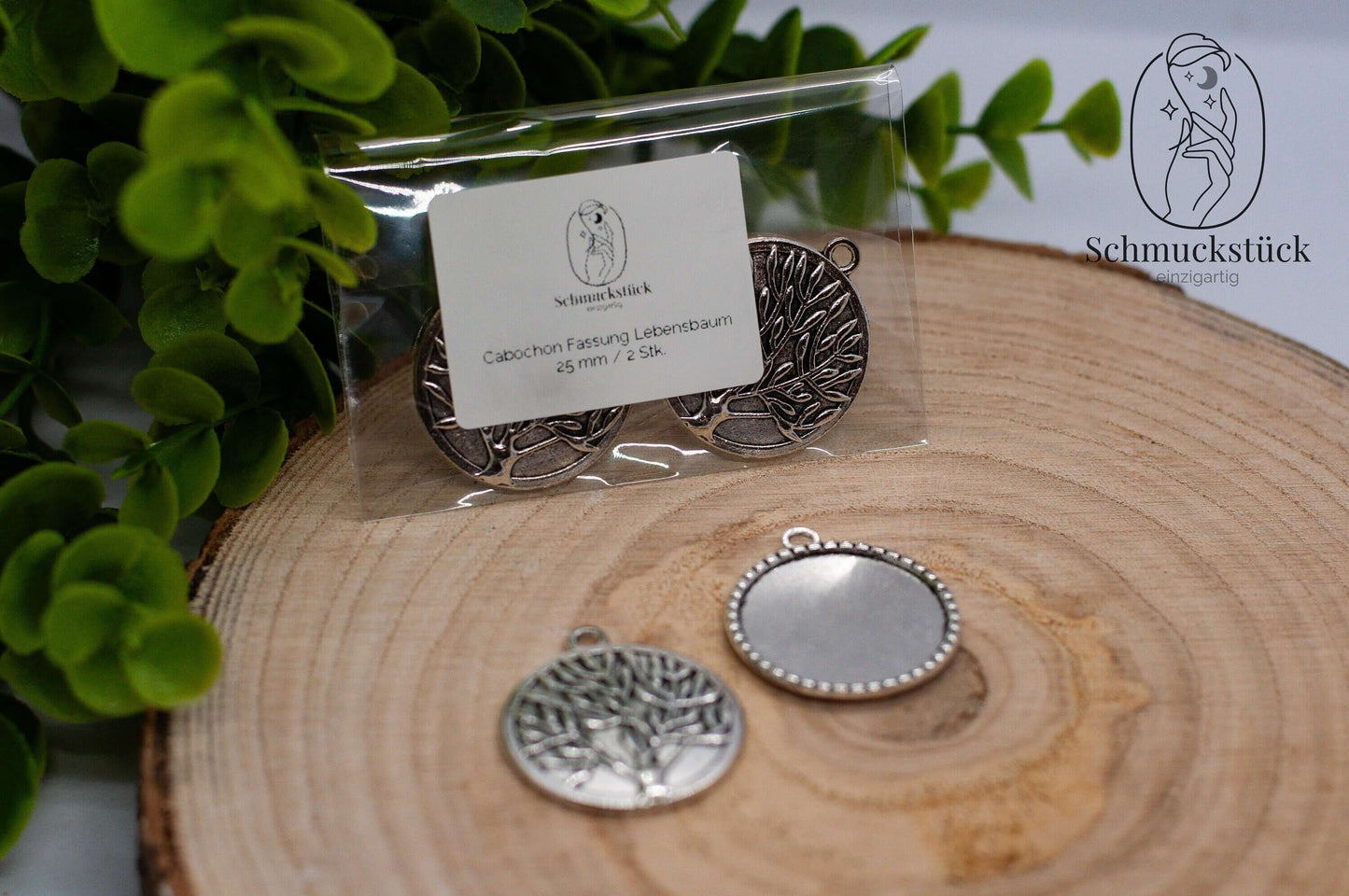 2 Cabochon Fassungen Lebensbaum 25 mm *Antik Silber / Rund, Schmuckstück - einzigartig