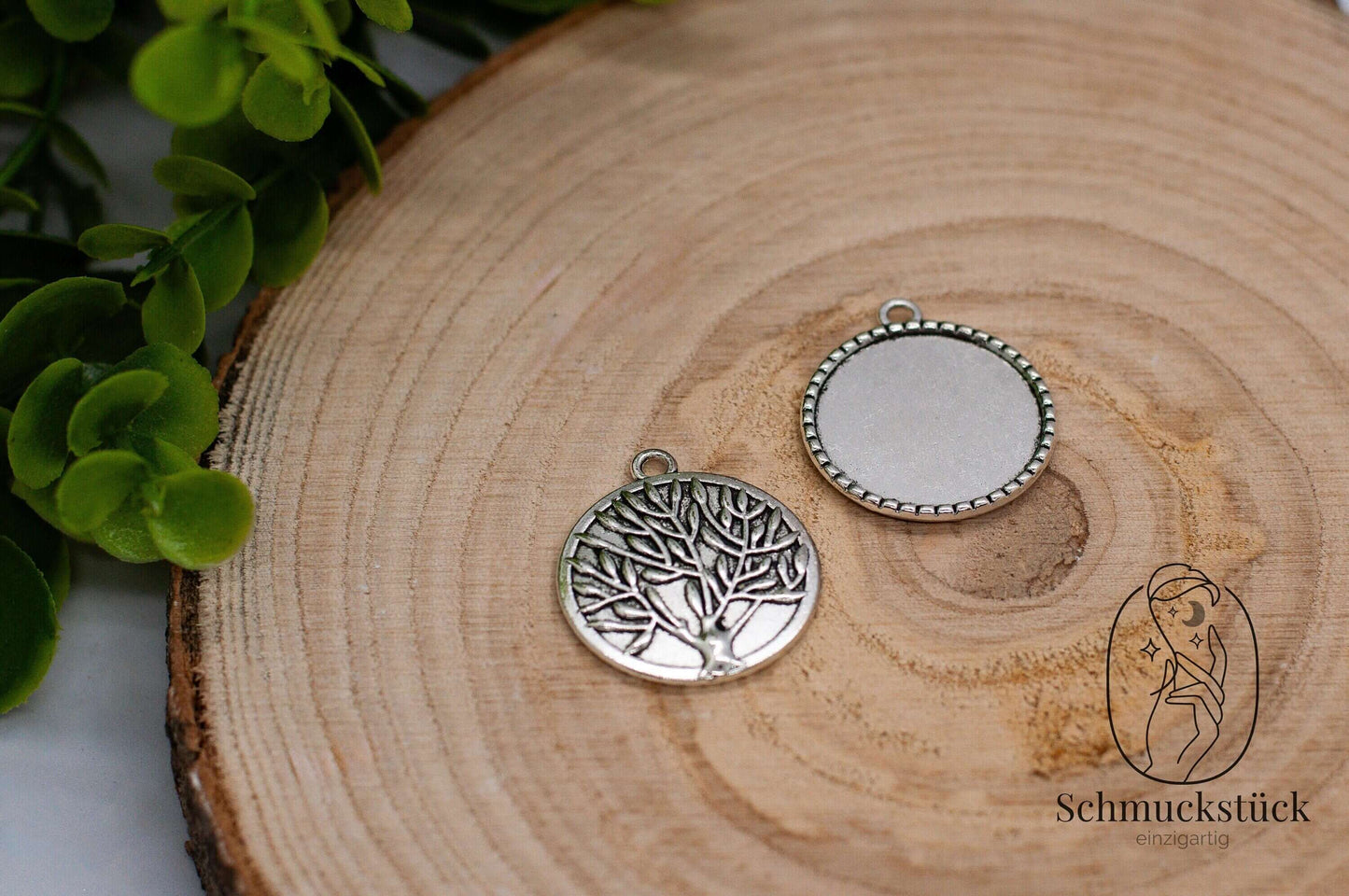 2 Cabochon Fassungen Lebensbaum 25 mm *Antik Silber / Rund, Schmuckstück - einzigartig