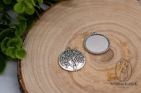 2 Cabochon Fassungen Lebensbaum 25 mm *Antik Silber / Rund, Schmuckstück - einzigartig