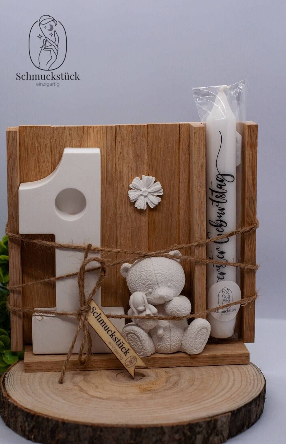 1 Geburtstagszahl + Teddy aus Keraflott zum ersten Geburtstag mit Kerze als Geburtstagsdeko, Schmuckstück - einzigartig
