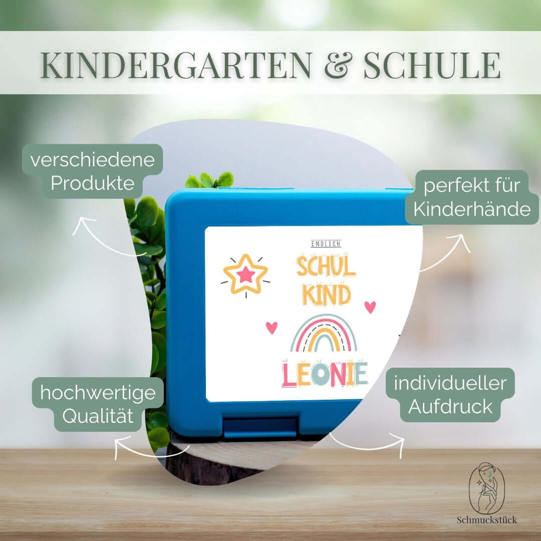 Eine Brotdose mit individuell erstellten Motiv und Name für den Kindergarten oder Schule.